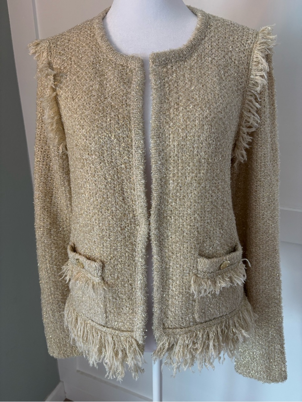 Lilly Pulitzer Cream Metallic Fringe Tweed Cardigan size medium